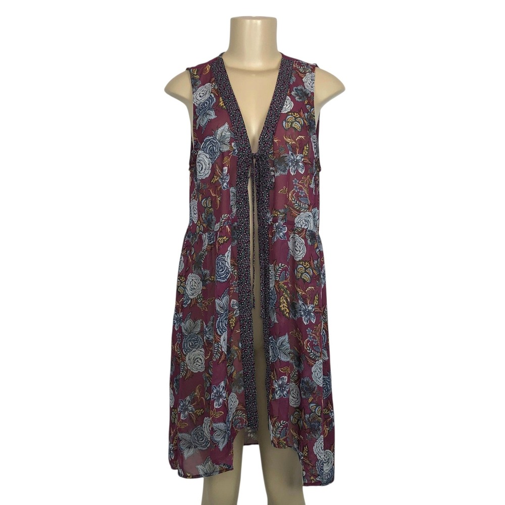 Maurices Floral Print Long Kimono Cardigan Vest S/M Tie Front Boho Festival